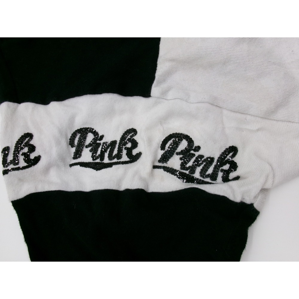 Victoria's Secret PINK Black White Colorblock Glitter Logo Long Sleeve Shirt L - Picture 3 of 15